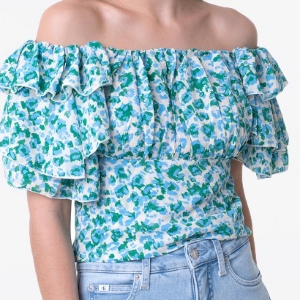Molly Bracken CottageCore Floral Blue‎ Green Off the shoulder Coquette Ruffle M